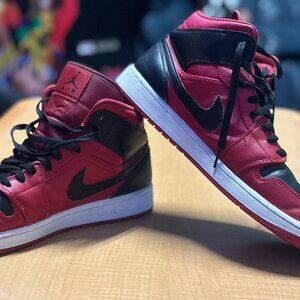 Men's Nike Air Jordans 1 Mid Reverse Red and Black High-Top Sneakers
